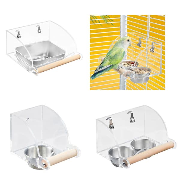 Foderautomat til fugle i akryl og rustfrit stål med spildsikkert design til små og mellemstore fugle Large bowl