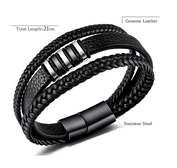 Sort læderarmbånd til mænd - Gave til mænd 23cm