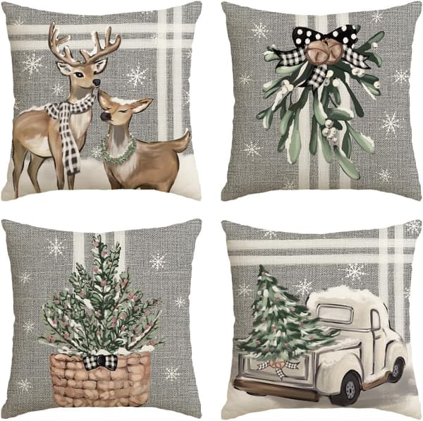 Juletre Rein Lastebil Striper Grå Pynteputer, 45 x 45 cm Vinter Putetrekk Dekorasjon for Sofa Sofagruppe Sett med 4