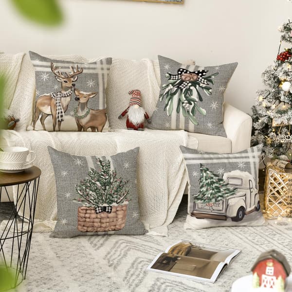 Juletræ Rensdyr Lastbil Striber Grå Pyntepuder, 45 x 45 cm Vinter Pudebetræk Dekoration til Sofa Sofagruppe Sæt med 4