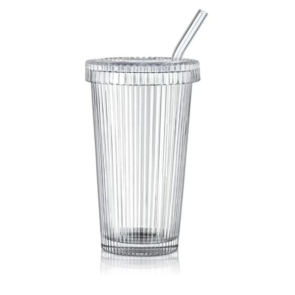 Glasmugg randig glaskopp kaffekopp med lock och sugrör