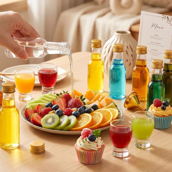 100 st mini spritflaskor set plast tomma shotflaskor med lock mini flaska 1,7 oz med 6 trattar guld aluminiumlock för festfavoriter vinjuice H