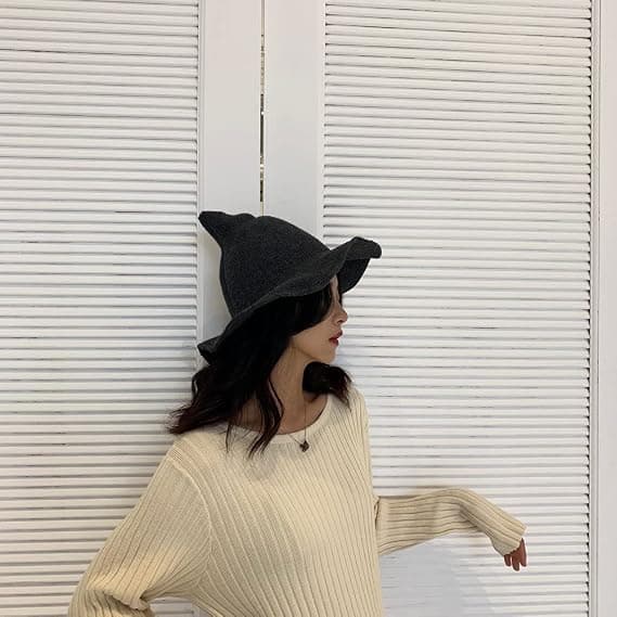 Heksehat til kvinder med foldbar skygge, strikket, til Halloween-kostume