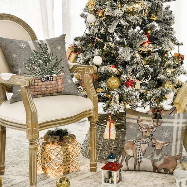 Juletræ Rensdyr Lastbil Striber Grå Pyntepuder, 45 x 45 cm Vinter Pudebetræk Dekoration til Sofa Sofagruppe Sæt med 4