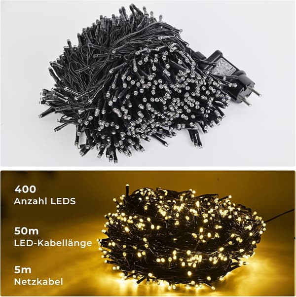 Outdoor LED String Lights, 50m, 400 LED Lights, Christmas Tree Lighting, 8 Modes, for Indoor Use, with Timer and Memory Function, for Christmas, Pair