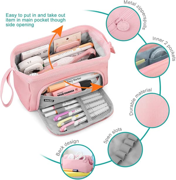 Rosa pennal med stor kapasitet