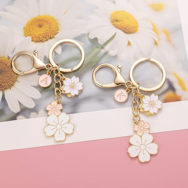 Rosa Initial K Nøglering med Blomster Charms til Nøgle Sød Bogstav Nøglering til Rygsæk