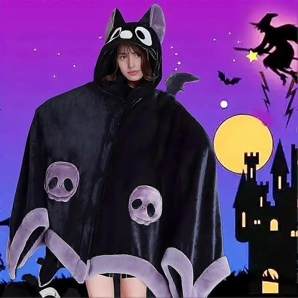 Sød Halloween-tæppehættetrøje, Flagermus-tæppehættetrøje til Halloween-cosplay, Blød hætte med flagermus-design