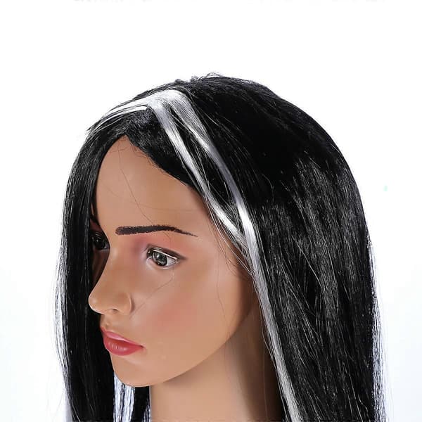 Lang, lige sort syntetisk paryk med hvide striber til kvinder og piger, spøgelsesparyk til Halloween-cosplay-kostume