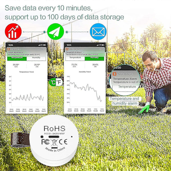 Trådløst Termometer Hygrometer, Oria Mini Bluetooth 5.0 Fugtighedstemperatursensor Med Dataeksport Og Advarsler