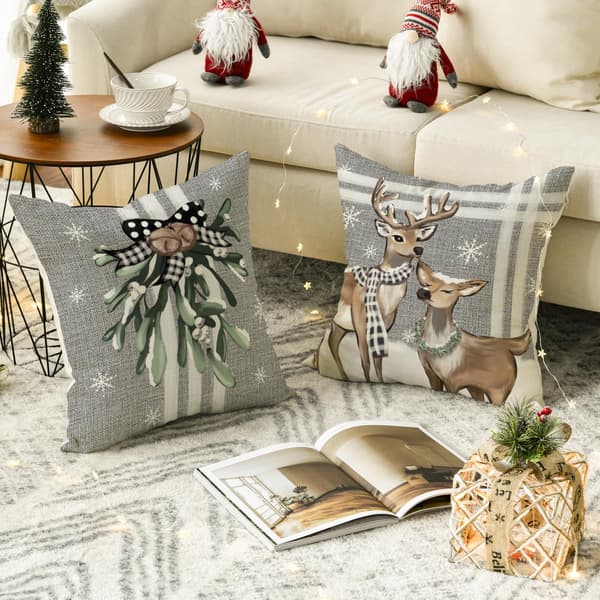 Juletre Rein Lastebil Striper Grå Pynteputer, 45 x 45 cm Vinter Putetrekk Dekorasjon for Sofa Sofagruppe Sett med 4