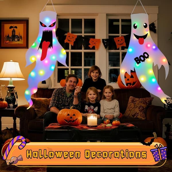 Halloweenpynt Udendørs Indendørs, 2-pak Lysende Spøgelsespynt med LED-lys, Hængende Spøgelse Halloweenpynt
