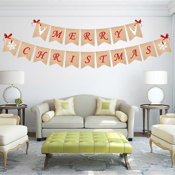 Rustikt julebanner til ophæng, vimpelrække med trekantede flag i jute, julepynt til indendørs brug, 1 sæt