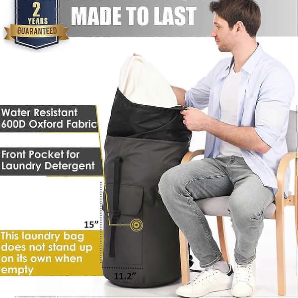 egnet for vaskepose ekstra stor kraftig, 115L vaskeryggsekk, solid vaskepose med stropper, armygrønn vaskepose for studenter, topplading charcoal grey
