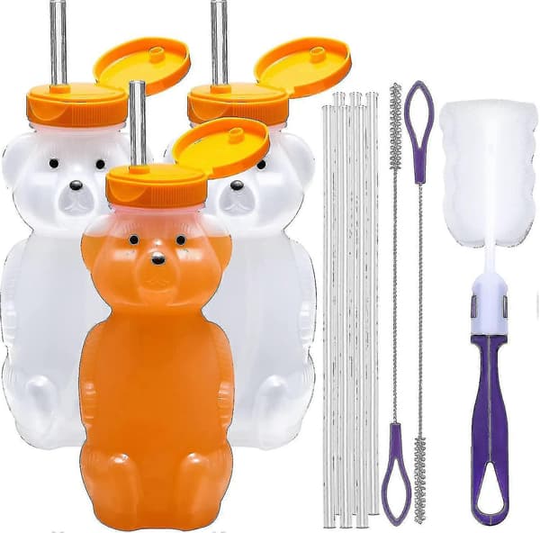 Kryc-honey Bear Straw Cup Lange sugerør, 3-pak Pressbar terapi og specialbehov hjælpemiddel til drikkebeholdere, Spildfri