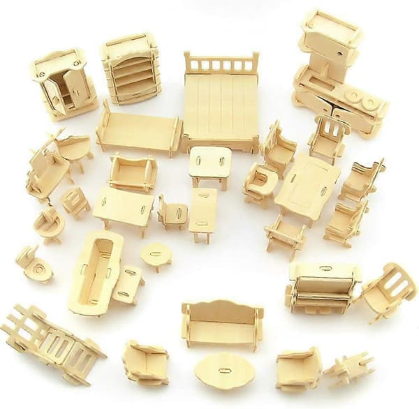 3D Miniatyr Möbelset Trähusmöbler Pussel DIY Hus Rum Mini Möbel Pussel Present till Barn