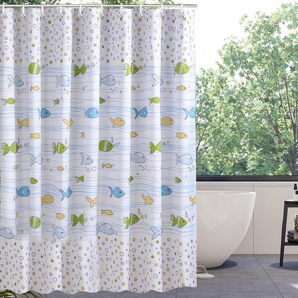 Duschdraperi 200x200cm Bubble Fish, viktad fåll, anti-mögel textil, vattenavvisande, tvättbara polyesterdraperier med öljetter och 12 duschringar