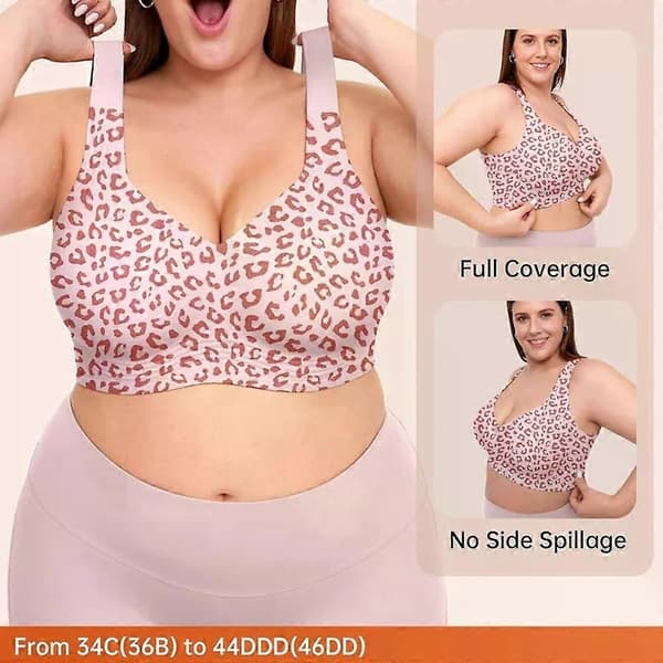 Leopard Print Seamless Bralette No Underwire Push Up Wireless Bra Seamless Lift Bras Full Coverage Bra Plus Size, S-4XL Pink
