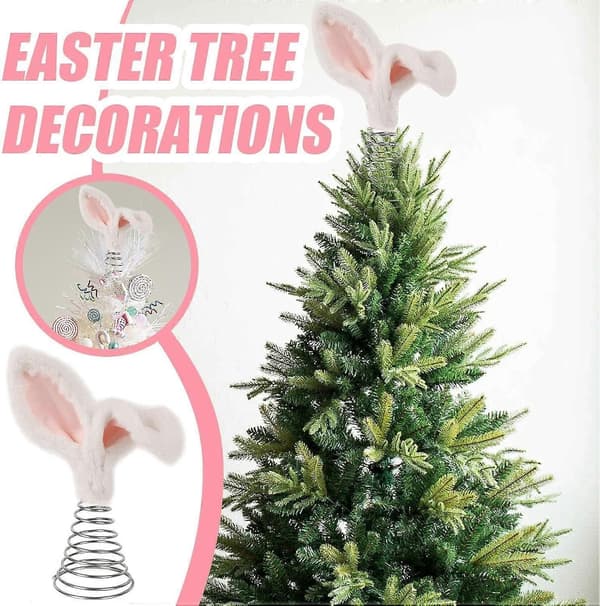 Feather Tree Topper Rabbit Ear Tree Topper Plush Rabbit Easter Tree Top with Metal Spiral Base Compatible with Festive Decoration