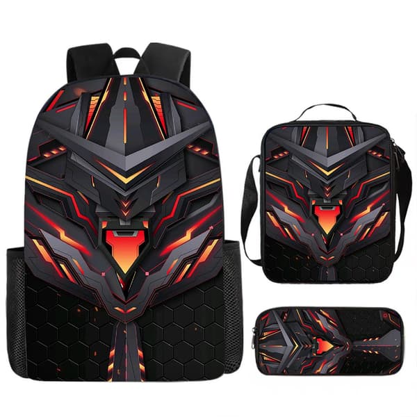 Mechanical Style 3-Piece School Bag Set - Large Backpack for Students, Anime Cartoon Design, Water-Resistant & Durable