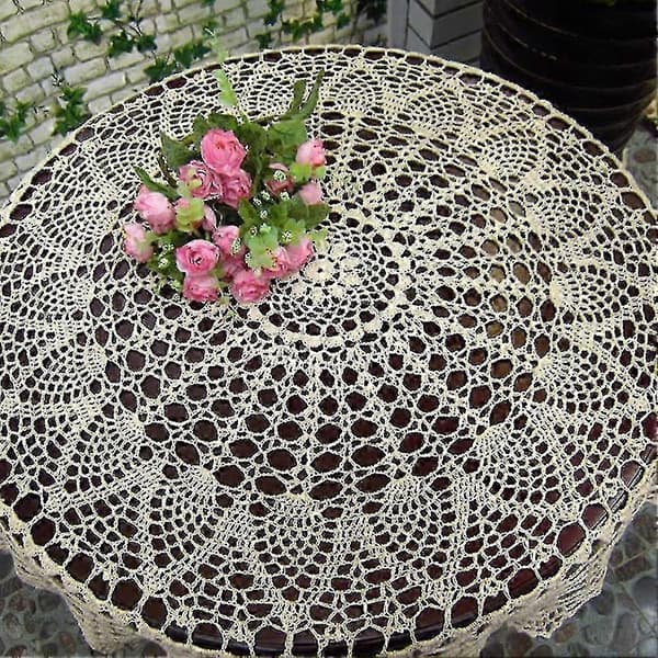 Round Crocheted Cotton Tablecloth with Hollow Pattern, Wedding, Dining Table, Tablecloth (FMY) Beige Beige 100cm