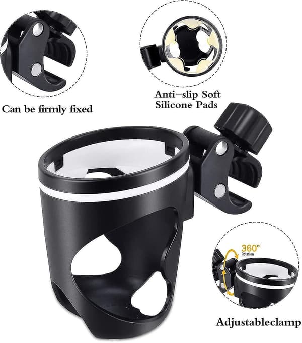 Kopholder til klapvogn, sort flaskeholder, vandkopholder, 360 graders rotation, universal kopholder til