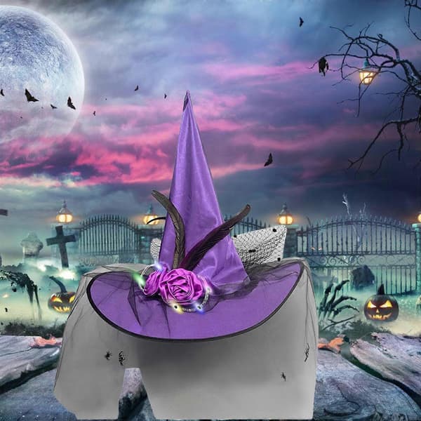 Heksehat med tyl og blomster til Halloween-kostume, lysende hovedbeklædning til maskerade, sort Black