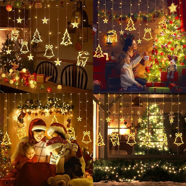 Christmas Curtain Lights, Reindeer Bell Window String Lights, 3.5m 8 Christmas Lighting Modes, USB String Lights with Remote Control, IP44 Waterproof for