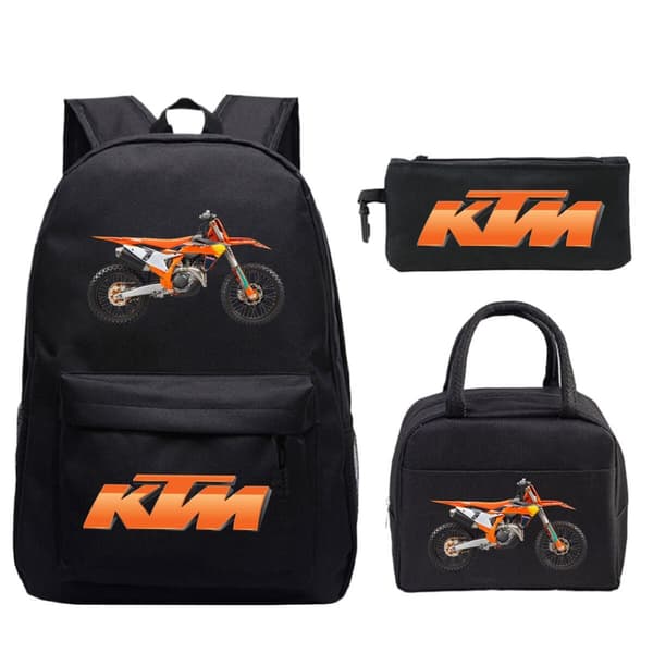 KTM Cross Student Backpack Set (3-piece set) with Creative Pattern Motorcycle Design, with a Casual Student Backpack and Pencil Case.