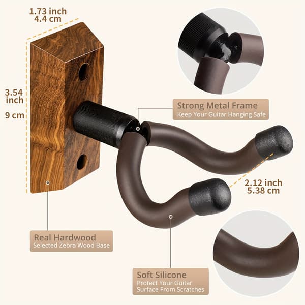 Gitarrväggfäste med roterande krokar, lämpligt för alla storlekar av gitarrer, zebraträ gitarrväggfäste, kompatibelt med Zebra wood 3pc
