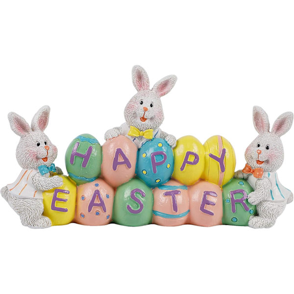 Easter Decorations Hand-Painted Easter Eggs Rabbit Centerpiece, 8.5 Inch Resin Table Decoration
