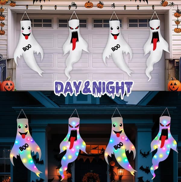 Halloweenpynt Udendørs Indendørs, 2-pak Lysende Spøgelsespynt med LED-lys, Hængende Spøgelse Halloweenpynt
