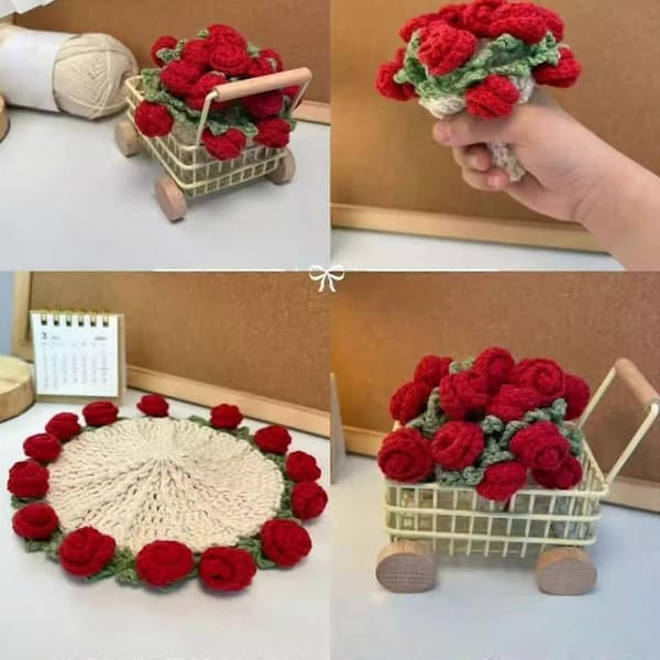 DIY Hæklekit Blomsterbrik Hæklekit Rosebuket Brik Hæklestartsæt Hæklebrik-sæt til håndarbejde Lyserød blå rose Pink blue rose
