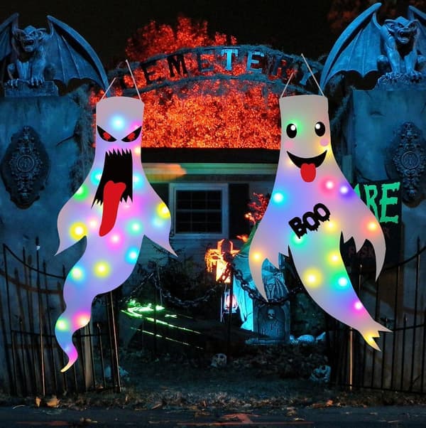 Halloweenpynt Udendørs Indendørs, 2-pak Lysende Spøgelsespynt med LED-lys, Hængende Spøgelse Halloweenpynt