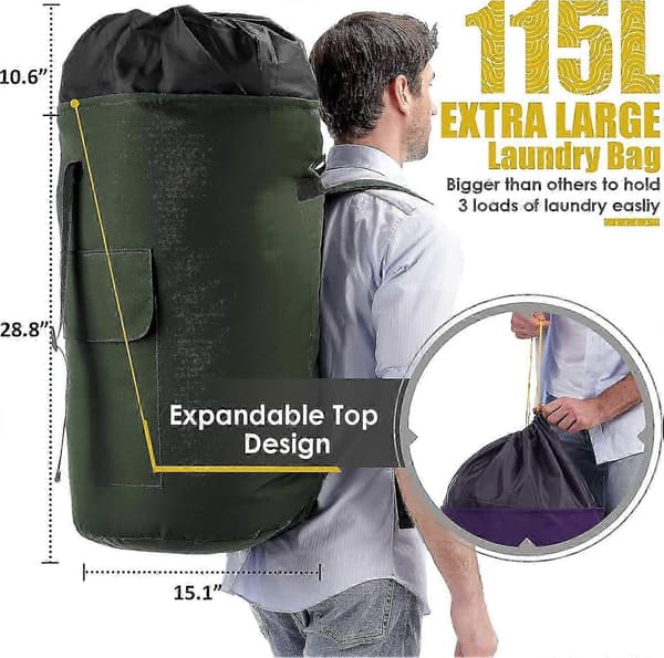 egnet for vaskepose ekstra stor kraftig, 115L vaskeryggsekk, solid vaskepose med stropper, armygrønn vaskepose for studenter, topplading Army Green