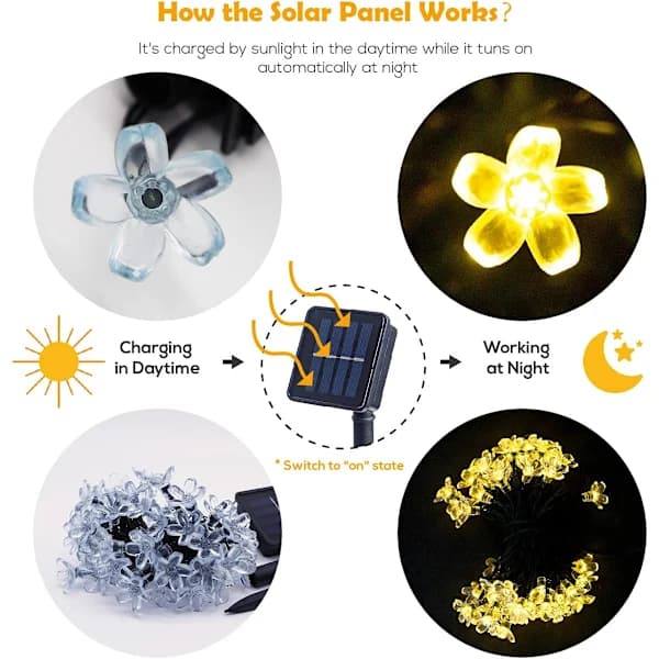 Solar Powered Sakura String Lights 8 Functions Waterproof Outdoor Decoration for Garden, Warm White [7m 50leds]