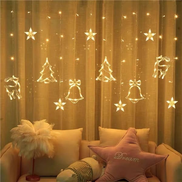 Christmas Curtain Lights, Reindeer Bell Window String Lights, 3.5m 8 Christmas Lighting Modes, USB String Lights with Remote Control, IP44 Waterproof for