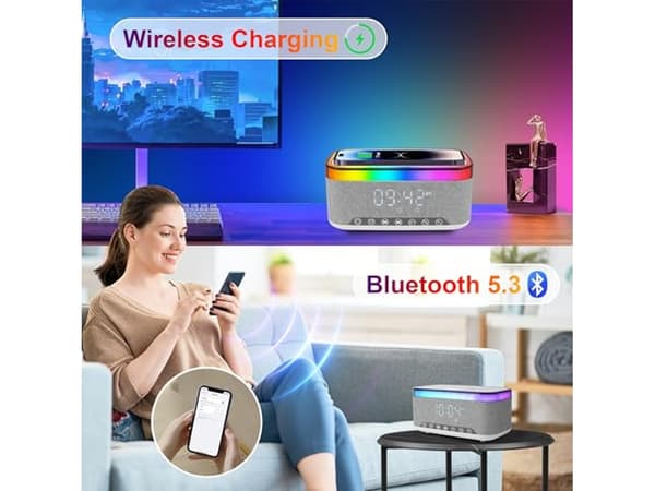 Ladestasjon Lampe Trådløs Lading Nattlampe RGB Multifunksjonell Bluetooth Grå