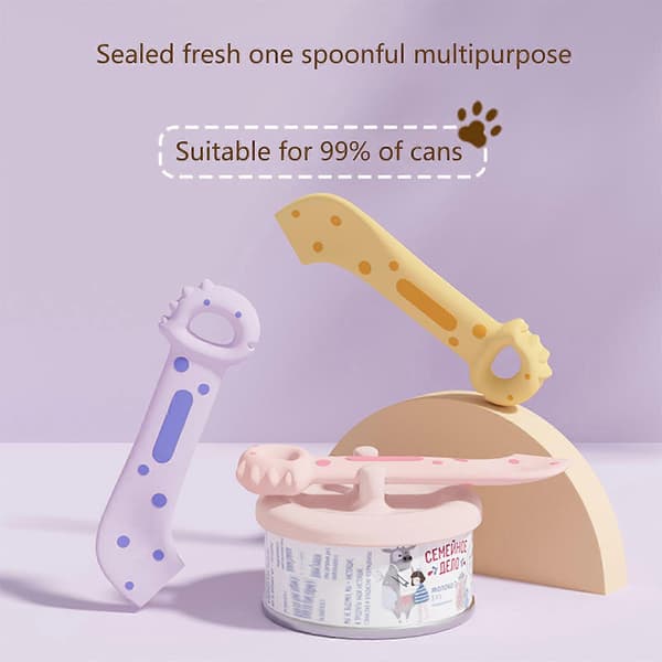 Multifunktionelt sæt med dåselåg og ske til kæledyrsfoder til katte og hunde med flot form, 1 passer til 3 standard indvendige diametre, lilla Purple