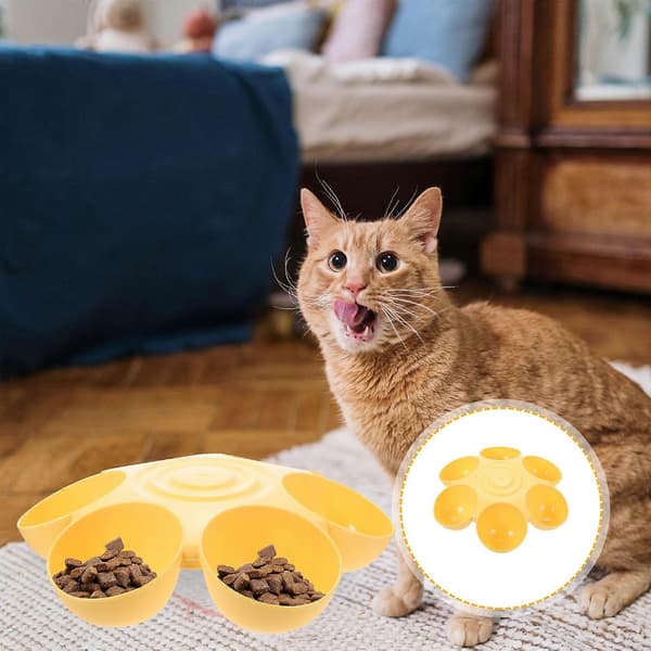 Gul blomsterformet foderskål til katte i plast til flere katte