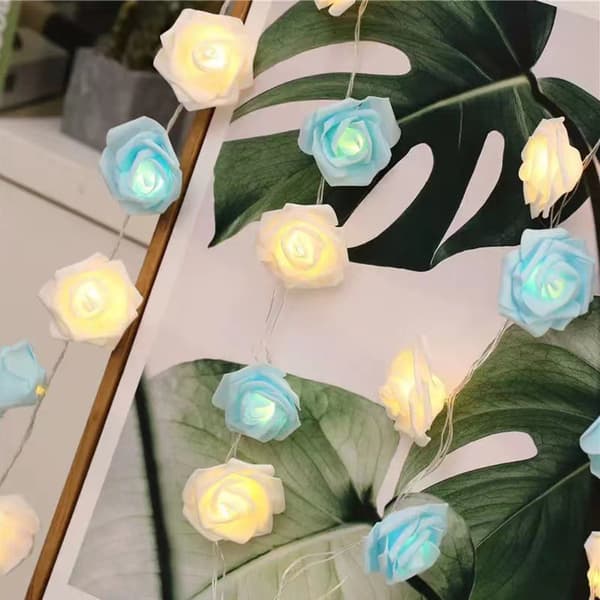 LED Rose String Lights Romantisk Simulering Rose Flower Fairy Lights For Holiday Eldsteder Blue White