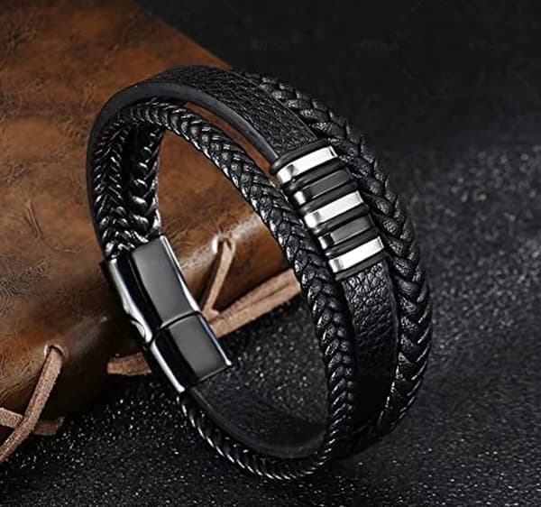 Sort læderarmbånd til mænd - Gave til mænd 23cm