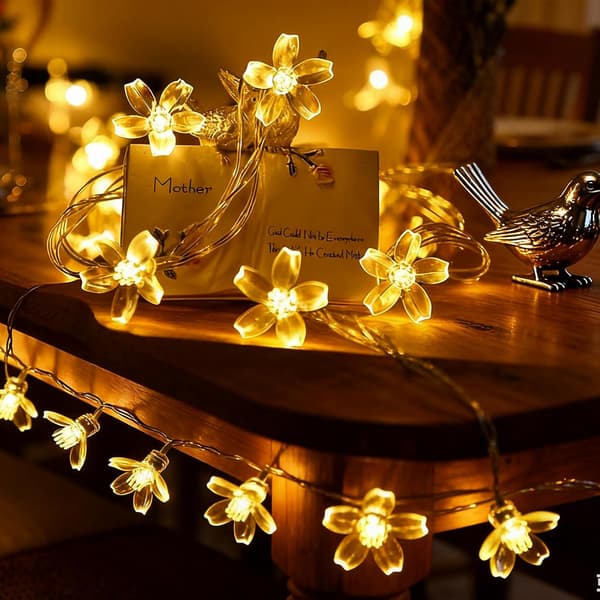 Solar Powered Sakura String Lights 8 Functions Waterproof Outdoor Decoration for Garden, Warm White [7m 50leds]