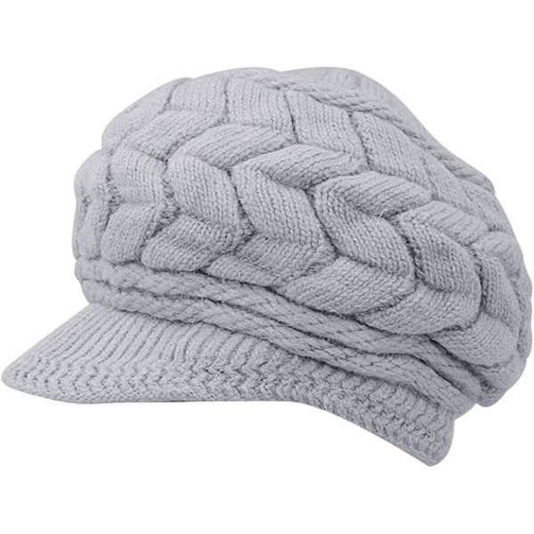 Dam vinterstickad mössa med skärm svart vit grå, elegant mössa med varmt fleecefoder gray