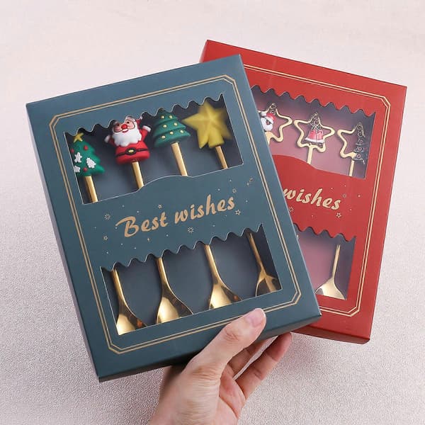 4 stk./sæt Røreskeer og gafler i rustfrit stål med gaveæske Kaffeske Julepynt Køkkentilbehør Hjem Spoon fork red box
