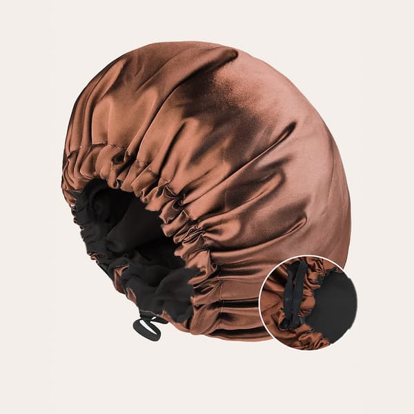 Satin nattehue til kvinder, dobbelt lag, justerbare knapper, til skønhed og hårstyling Sort+Rød Black+Red Adjustable