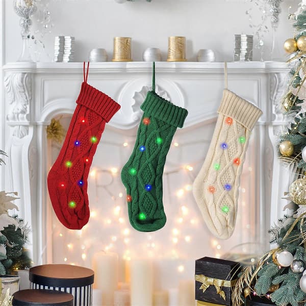 Julesokker 18 tommer store strikkede sokker med lys hængende julepynt til julefest hvid White