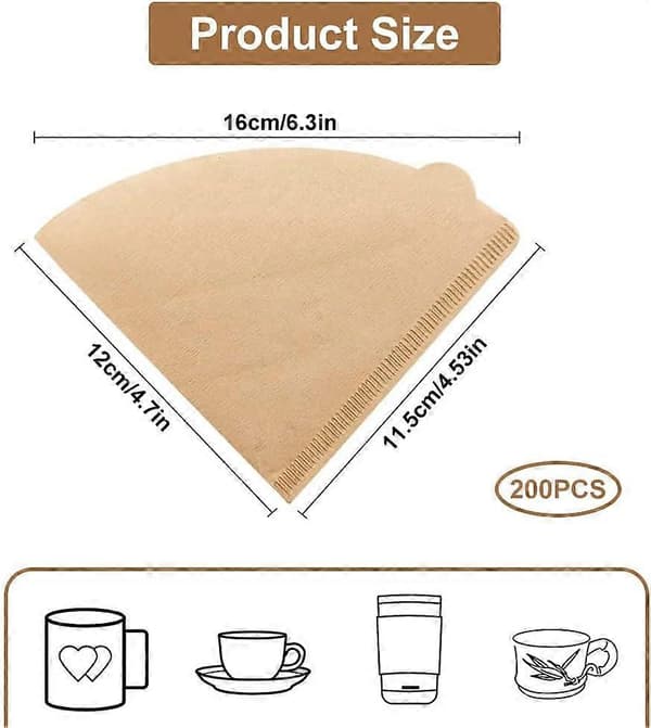 200 stykker V60 Filter 02, Konisk kaffefilter, Kaffefilter, Kaffepapirfilter, Kaffefilterpapir, Ubleget