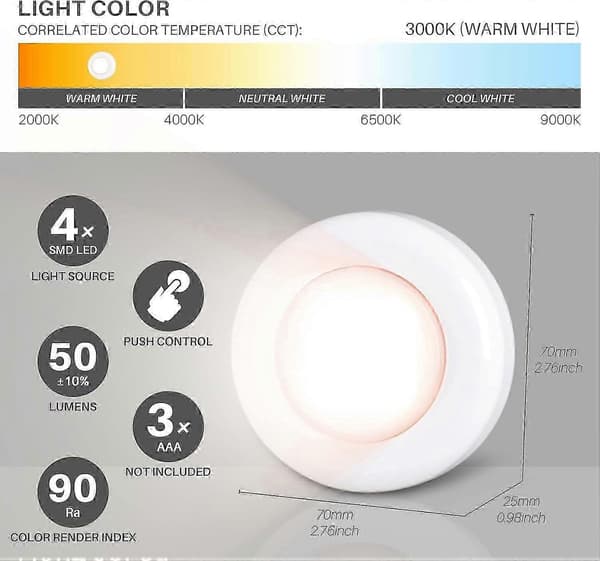Tryklys Tryklys Mini Touch Tryk Spotlys Indendørs Bærbare LED Pucklys Batteridrevne til Under Skabe Warm White