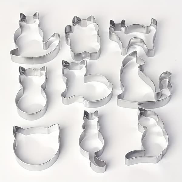 9-piece set, cat-themed cookie mold, stainless steel animal cookie cutter, suitable for DIY baking, versatile kitchen tool